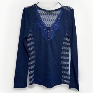 Miss ME Y2K Henley Top Women's L Crochet Beaded Sheer Sparkling Navy Blue Silver